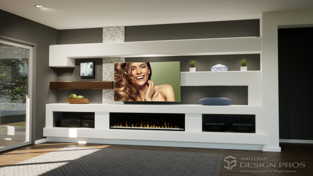 Modern custom media wall entertainment center home theater design with custom niches by Phoenix/Scottsdale custom media wall design build specialists Arizona Design Pros